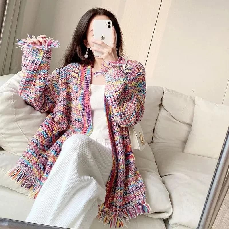 Primavera autunno nuovo arcobaleno delicato piccolo profumo che scorre cappotto maglione scamosciato per le donne Cardigan lavorato a maglia sciolto e pigro Outwear