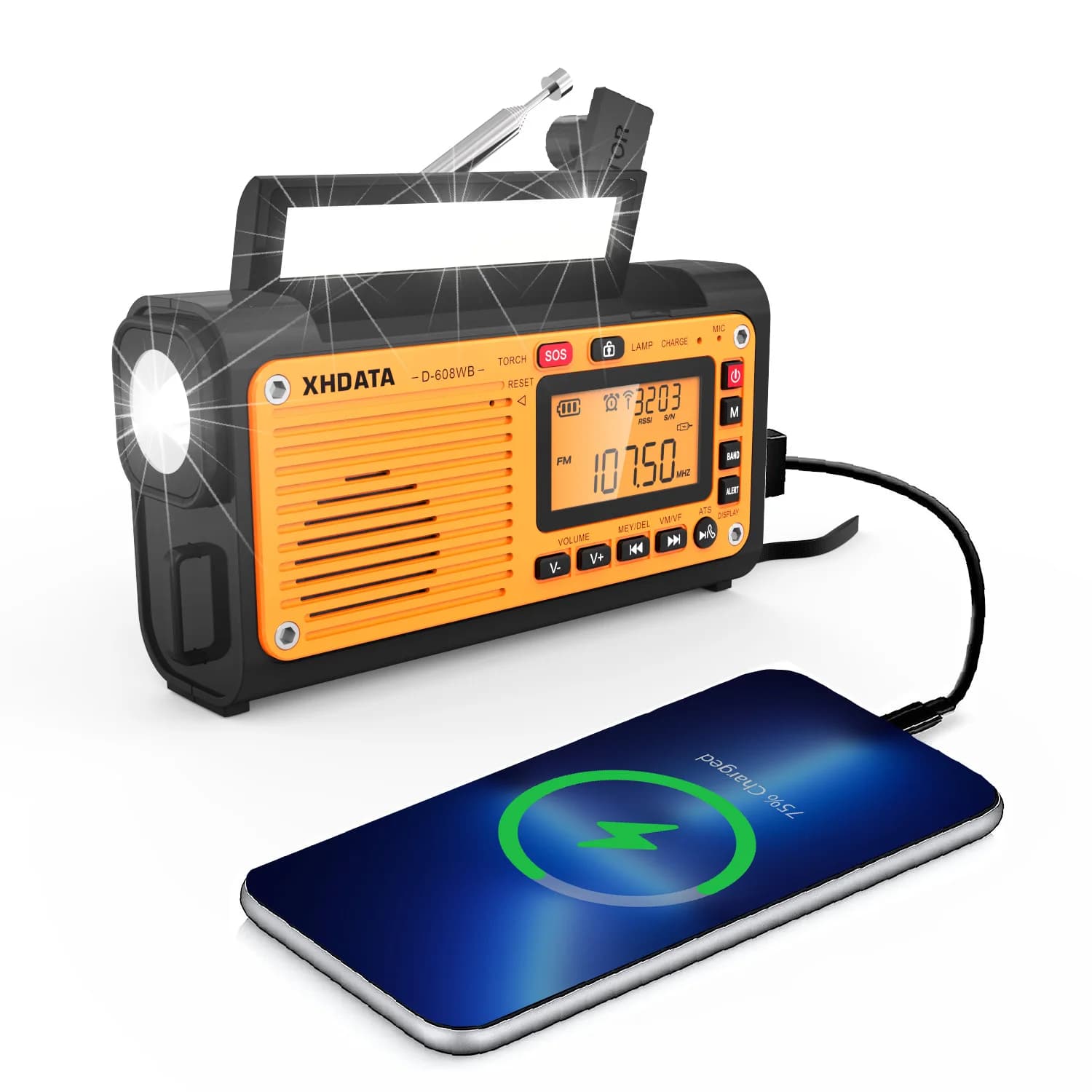XHDATA D-608WB Radio meteorologica a manovella di emergenza Radio portatile con avviso FM/AM/SW/NOAA con caricatore per telefono, Bluetooth, funzionamento a batteria