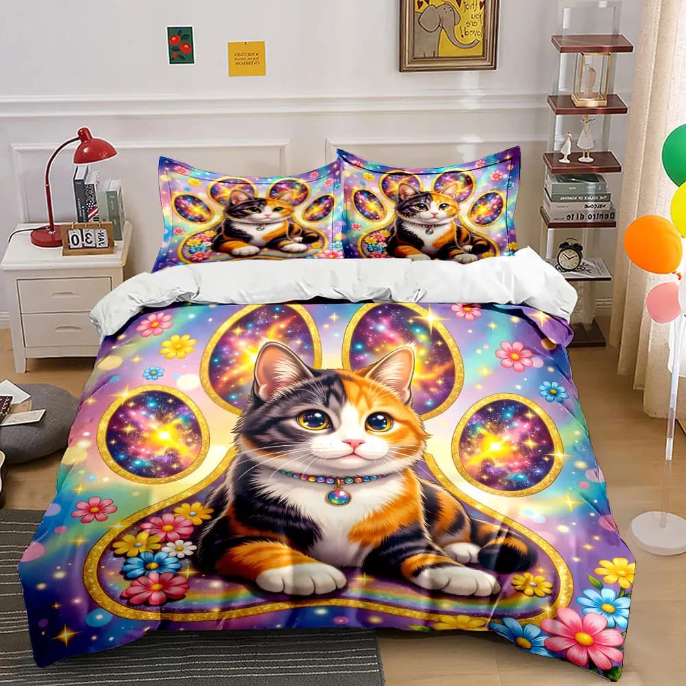 Set copripiumino fantasia con motivo gatto cosmico e fiori vivaci, stampa digitale, biancheria da letto colorata in poliestere con chiusura a cerniera, idea regalo