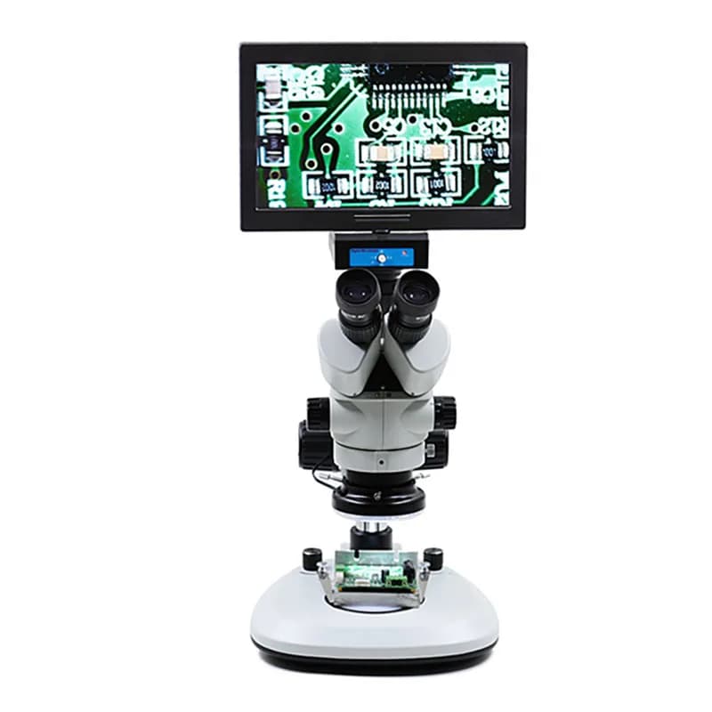 Microscopio trinoculare con rapporto zoom 7-45X, doppia luce, ca mera ad alto pixel e monitor