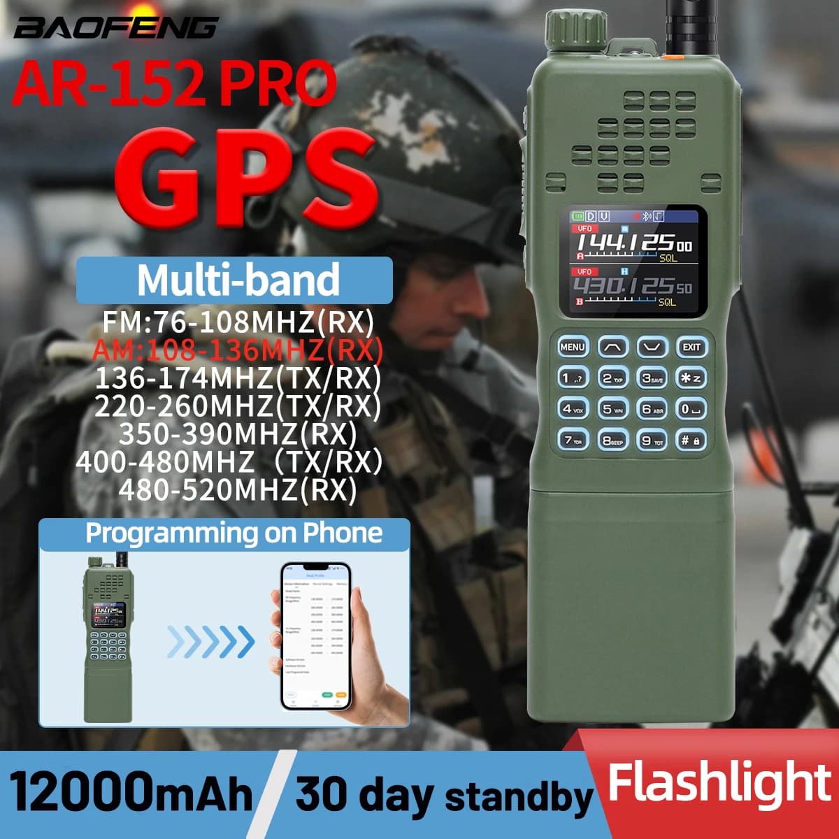 BAOFENG AR-152 PRO GPS Walkie Talkie Programmazione Bluetooth a lungo raggio 10W Multi Band 12000mAh Tactial 1000CH Radioamatore bidirezionale