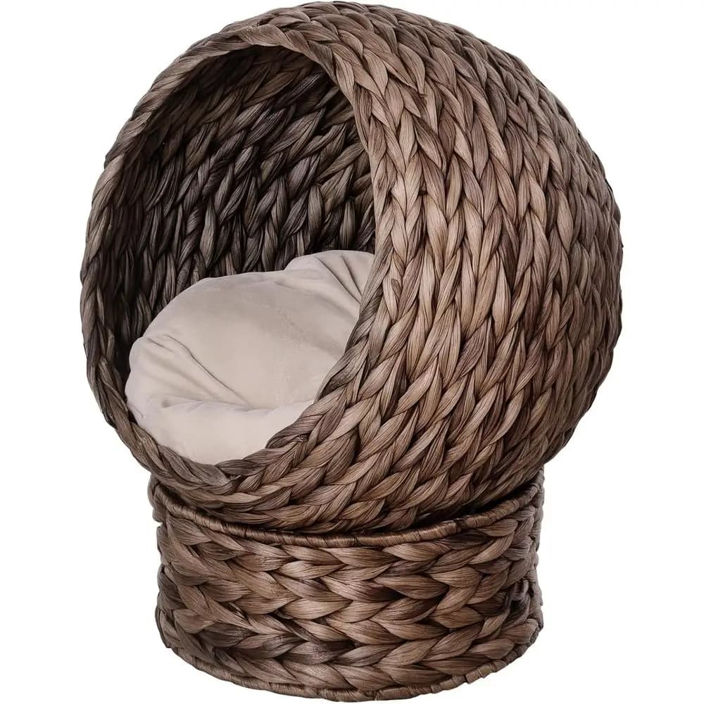 Cuccia rialzata per gatti in vimini con cuscino morbido e design a uovo, altezza 23,5, grigia