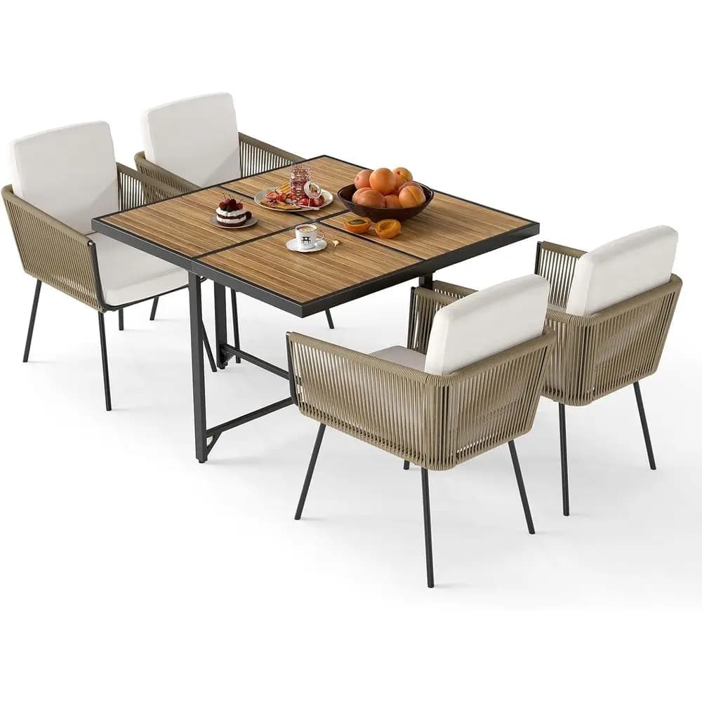 Dining set for outdoor acacia wood patio with square table and 5 PE wicker chairs, padded for garden, courtyard and swimming pool