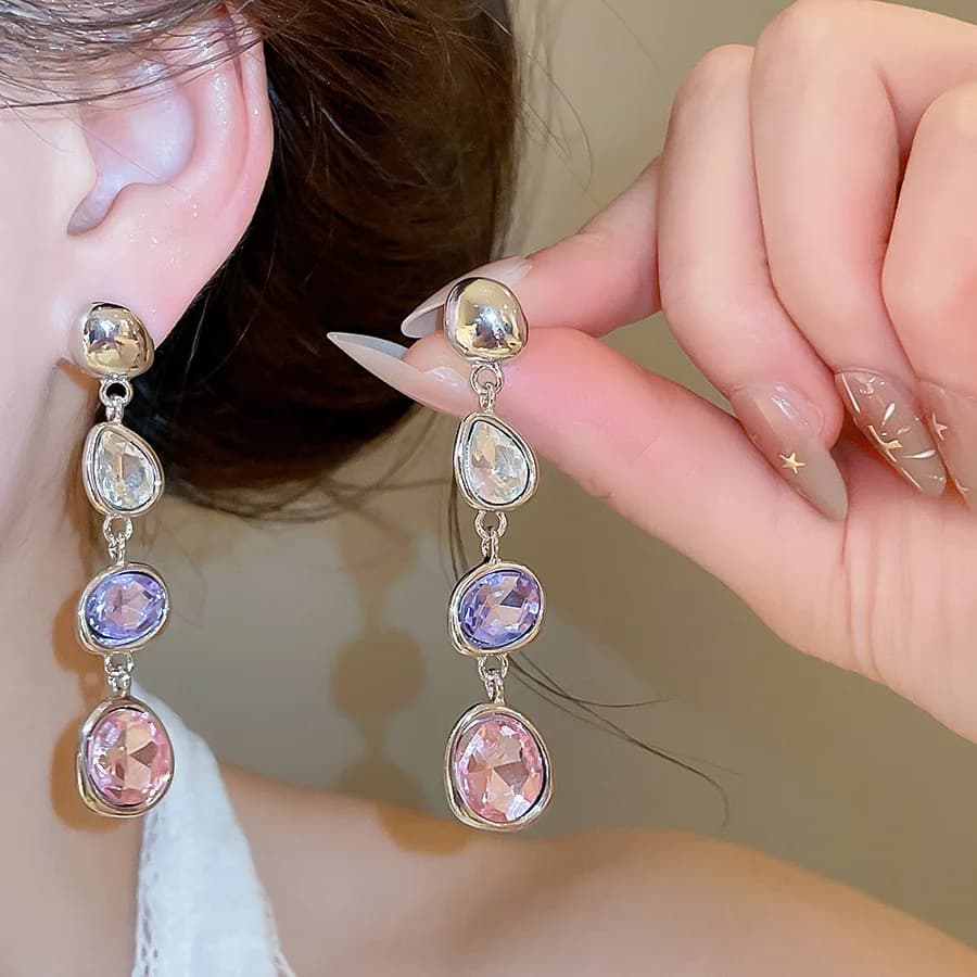 Multicolor Shiny Rhinestones Long Drop Earrings for Women Irregular Geometric Dangle Earrings Charms Fashion Jewelry Party