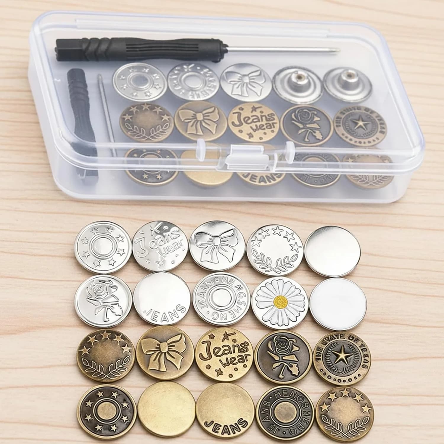 20 Sets 0.67 inch Jeans Button Replacement Kit - Metal No-Sew Snap Buttons with Rivets, Threads, Screwdriver & Storage Box, Removable Denim Repair for Pants, Jackets