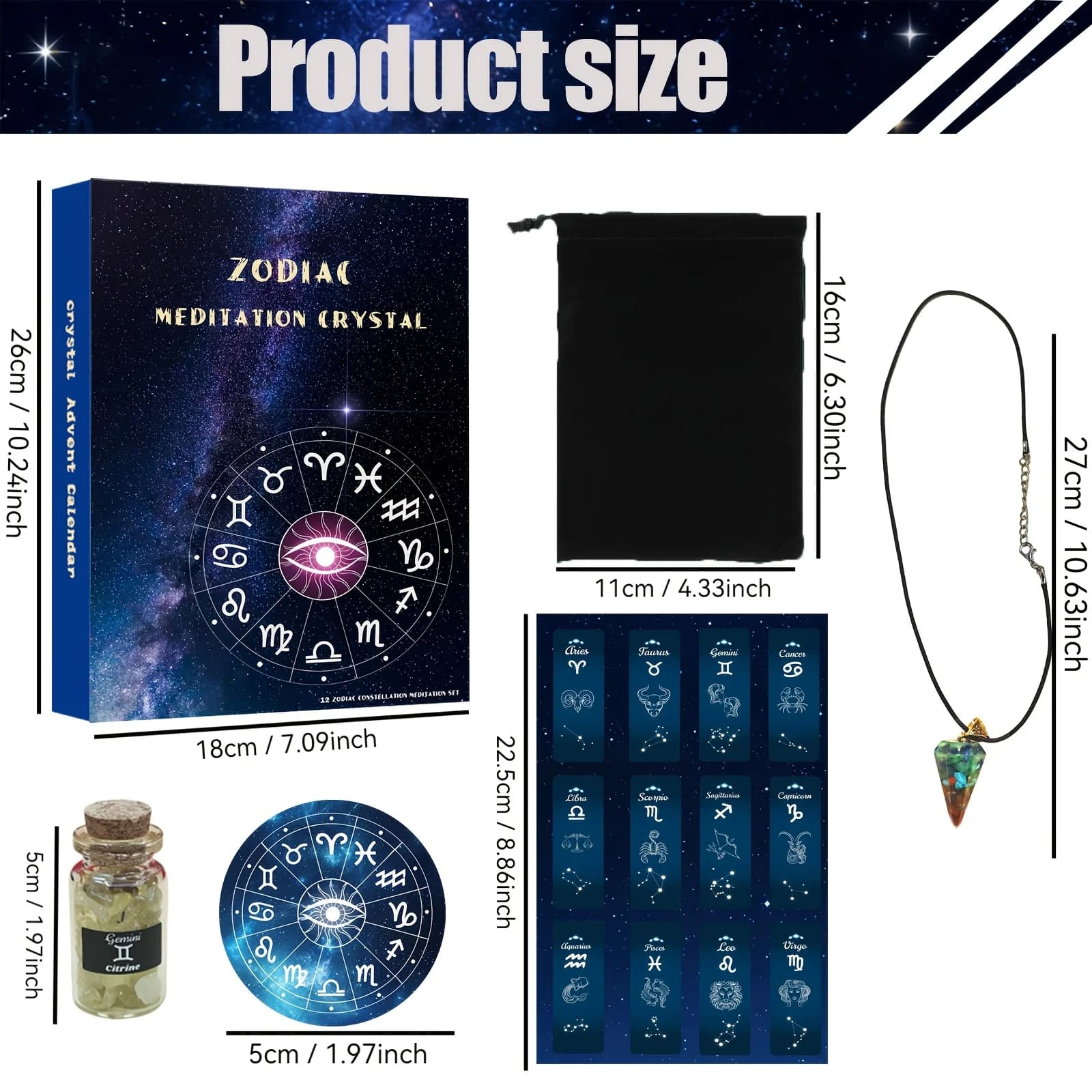 Zodiac Meditation Crystal Set, Natural Healing Crystals Kit with Pendulum Necklace, Constellation Board, Storage Bag, Spiritual