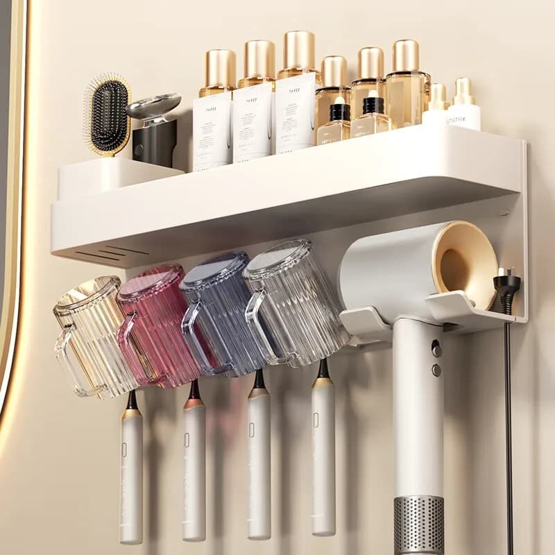 No Drill Bathroom Toothbrush Holder Shelf Space Aluminum Cups Hair Dryer Rack Wall Mounted Adhesive Organizer Family Washroom