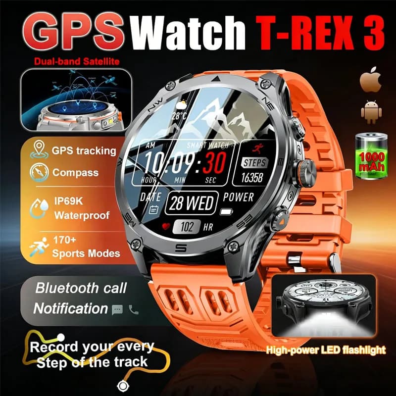 Nuovo Smartwatch Militare 2026 con Batteria da 1000mAh, GPS, Bussola, Impermeabile 10ATM, Tattico, Sportivo, Torcia, Chiamate BT, per Uomo