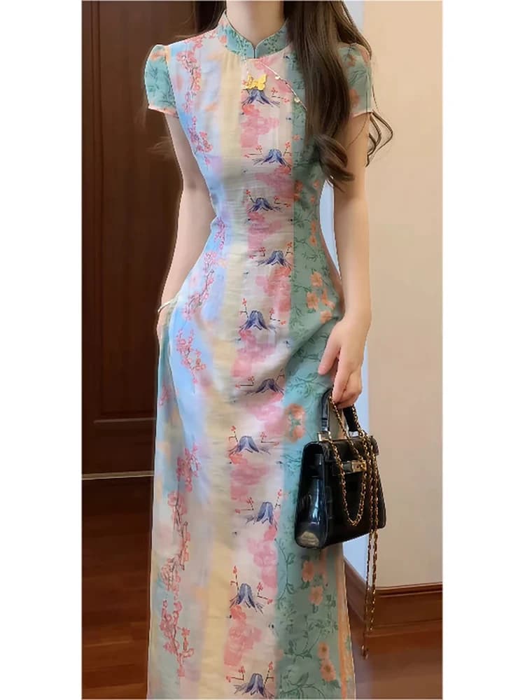 Nuovo Abito Qipao in Stile Cinese con Colletto alla Coreana e Stampa Camelia, Versione Migliorata, Vestito Lungo Elegante con Vita Stretta Dai...