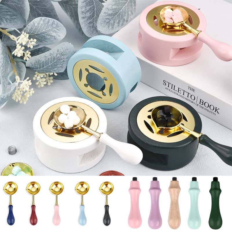 Wax Seal Stamp Set Lacquer Furnace Wax Seal Melting Spoon Rubber Wood Melting Heater Wax Bead Pot Heater Craft Supplies