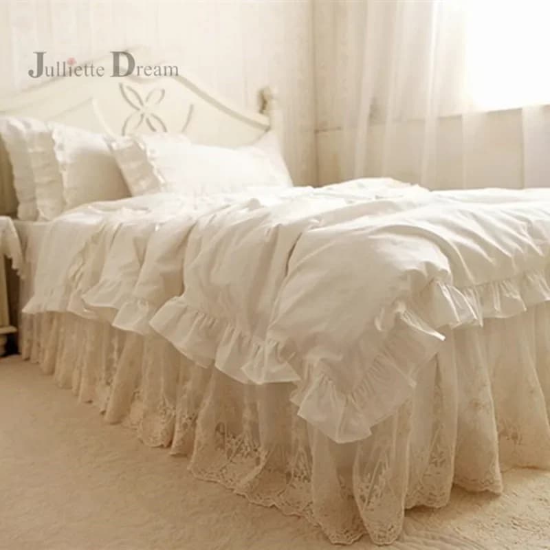 Luxury bedding set Set duvet cover with volant King size bed cover in lace Double layer bed sheets Cotton bed linen Linen