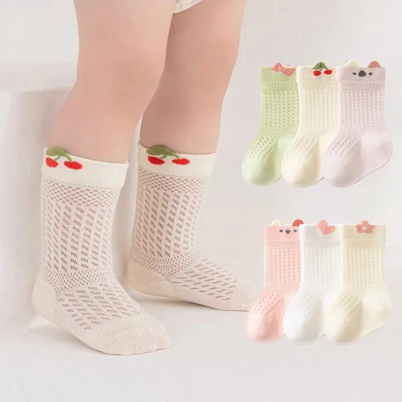 3 paia di calzini estivi in rete per bambini, calzini sottili e traspiranti in cotone per bambini, calzini a tubo medio con simpatici cartoni animati, calzini per bambini da 0 a 5 anni, calzature per ragazzi e ragazze