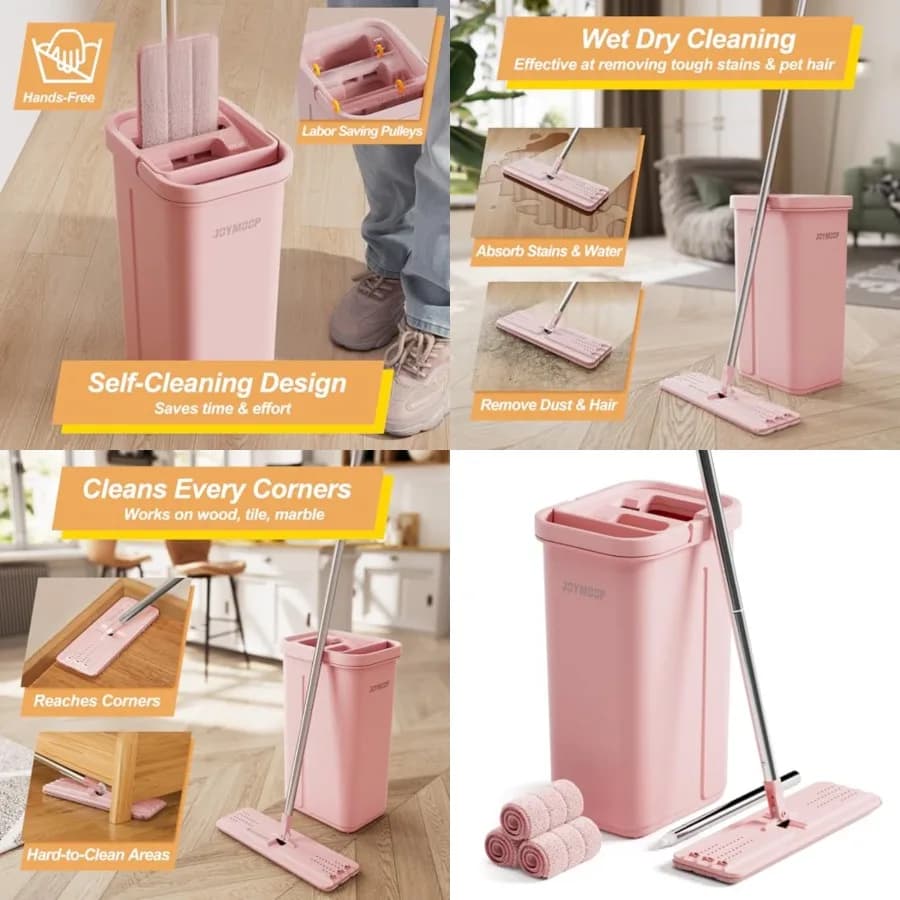Set Secchio e Mop Rosa con Strizzatore per Casa, con 3 Panni in Microfibra Riutilizzabili, Sistema di Autopulizia Senza Mani, Adatto per