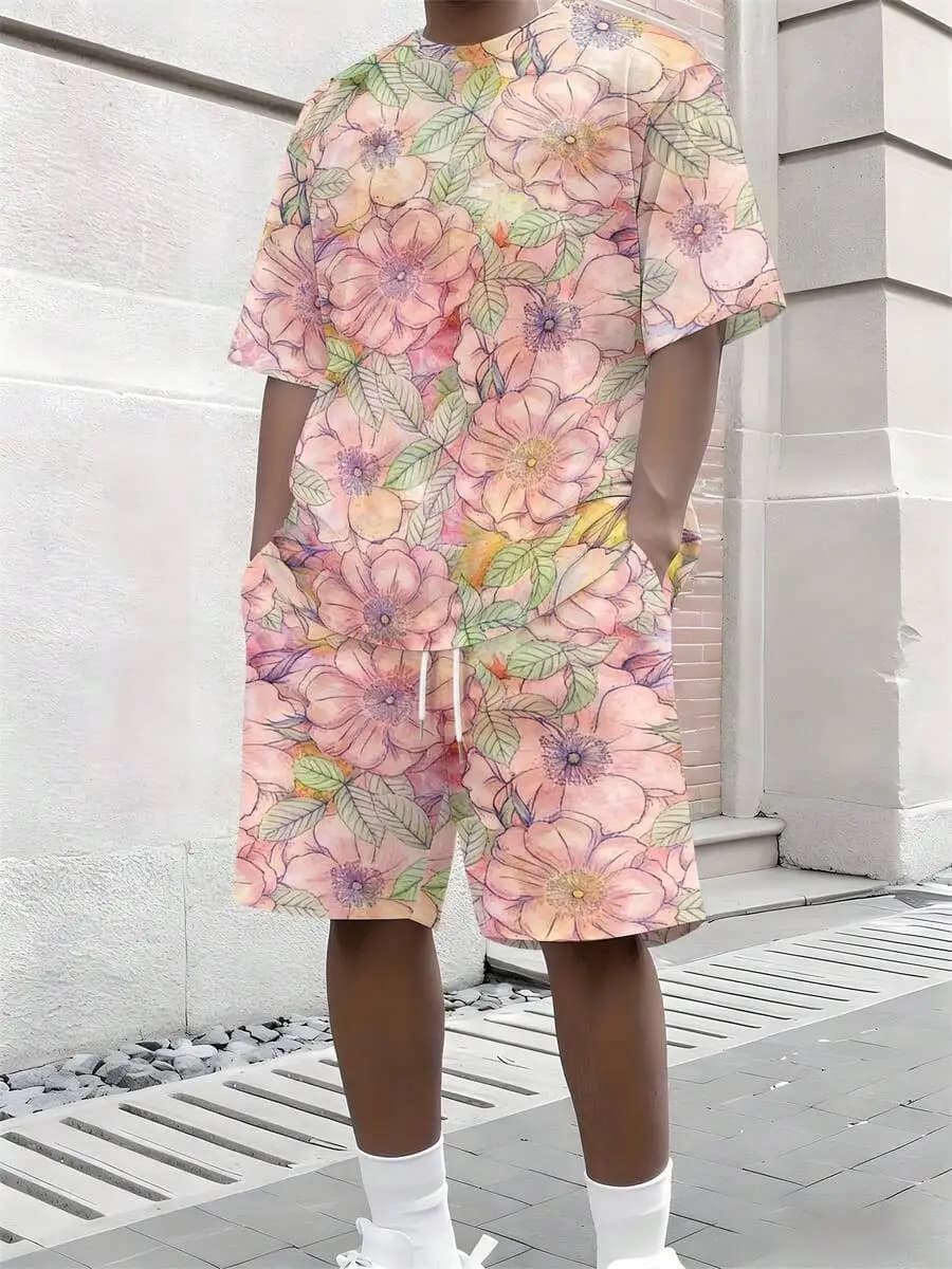 Mens Pink Watercolor Floral Print Short Sleeve Shirt And Shorts Set Breathable Polyester