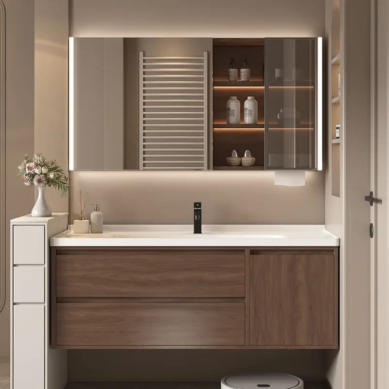 Walnut Ceramic Integrated Basin Bathroom Vanity Cabinet with Smart Mirror Combo Washstand Sink Unit for Modern Toilet
