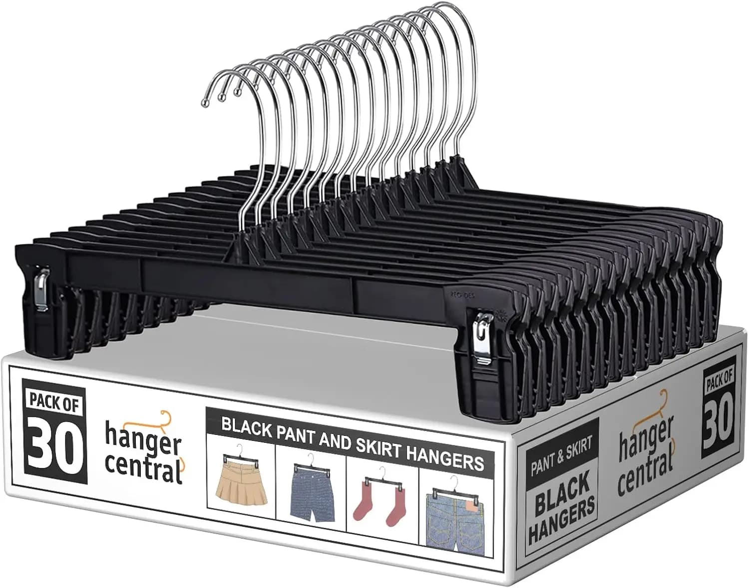 Confezione da 30 appendiabiti sottili in plastica con clip per gonne, pantaloncini e pantaloni – Presa antiscivolo, salvaspazio resistente con gancio girevole – Organizzatore per armadio nero – 12 pollici