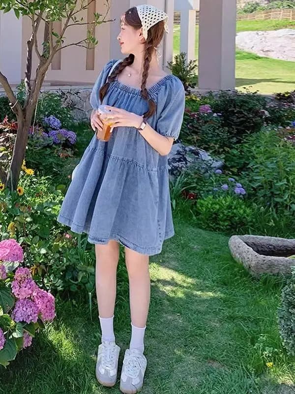 Slimming Slim Fit plus Size Denim Dress Women Summer Thin Bubble Sleeve Tummy Control Short Dress Fashionable Ageless