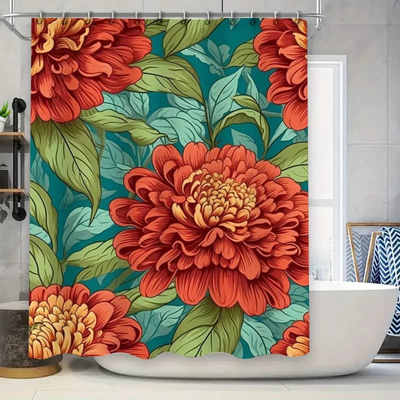 Tenda da doccia moderna per bagno con stampa floreale, tessuto impermeabile per decorazioni per vasca Verde, Arancione (L) 70x180 cm / 27,59 x