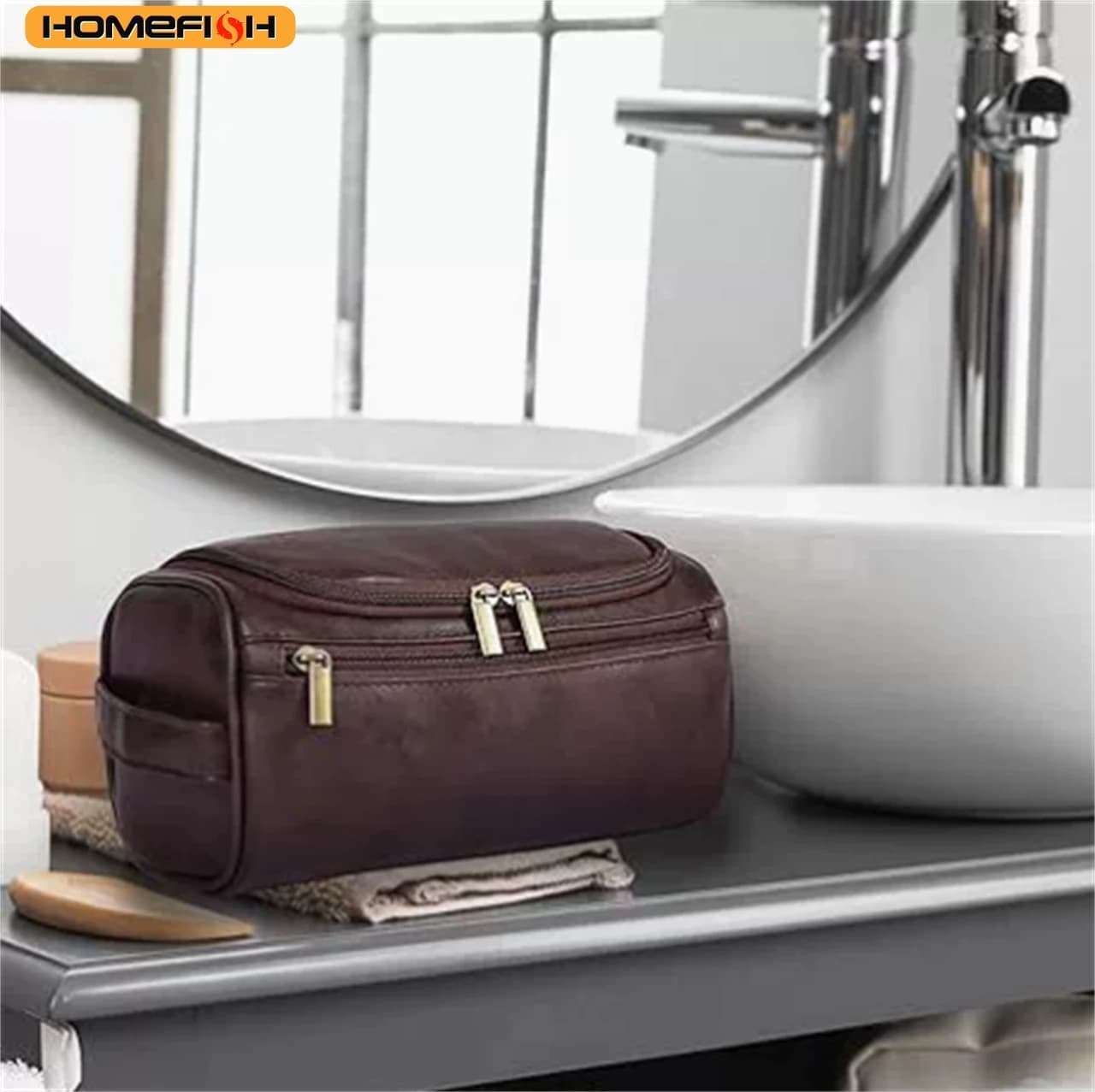 HOMEFISH Borsa da Toilette Vintage di Lusso in PU per Uomo, Necessaire da Viaggio per Cosmetici e Trucchi, Organizer da Appendere per Uomo