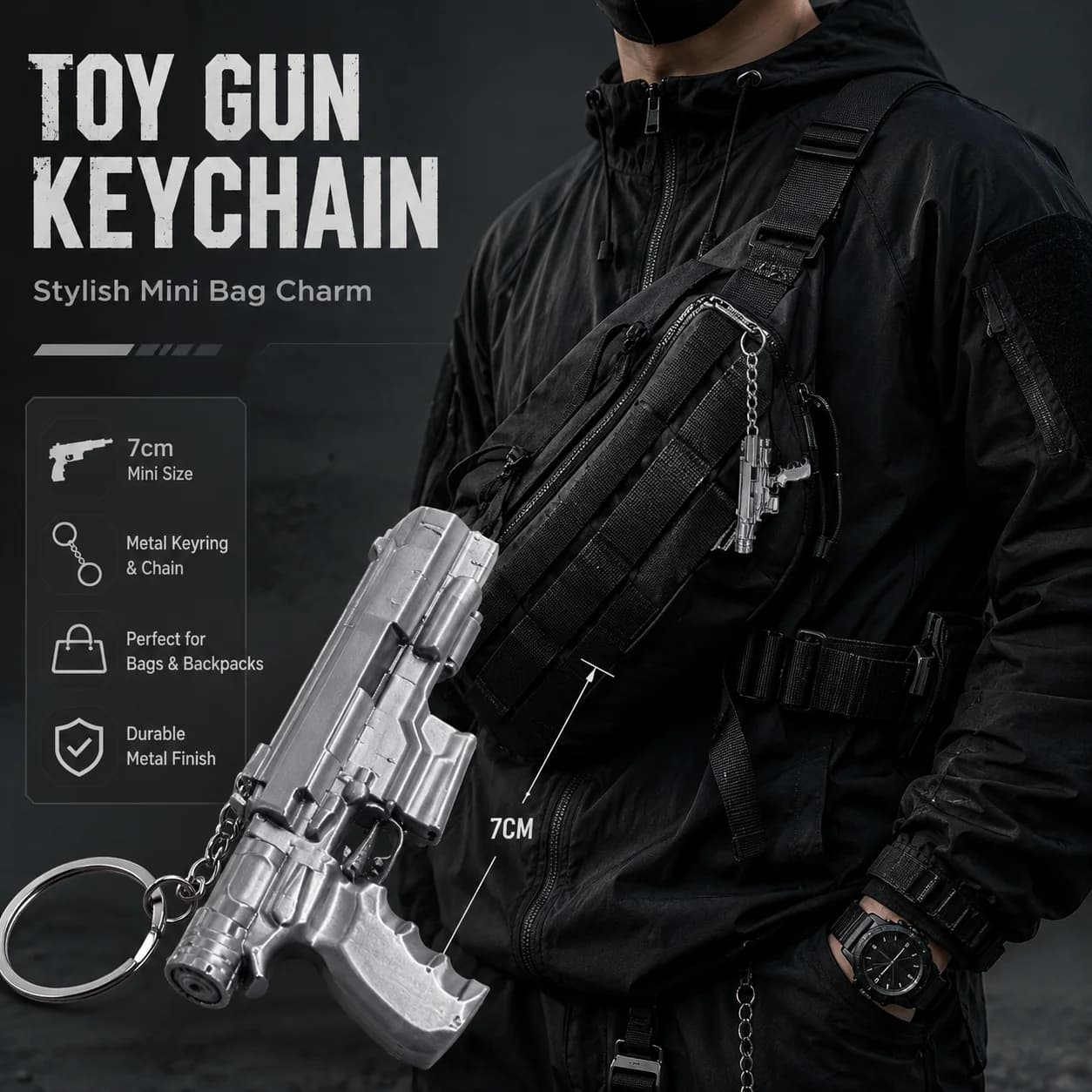 7cm Mini Gun Keychain Cyberpunk Style Toy Pistol Key Ring EDC Bag Charm Metal Pendant Collectible Gift