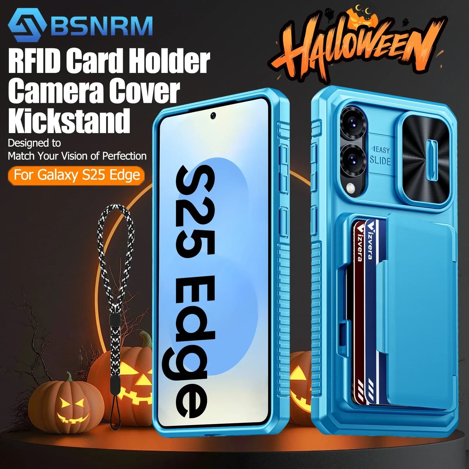 Regali di Halloween, porta carte RFID a portafoglio, cover per fotocamera, robusto silicone antiurto per custodia per telefono Galaxy S25 Edge-Blu chiaro