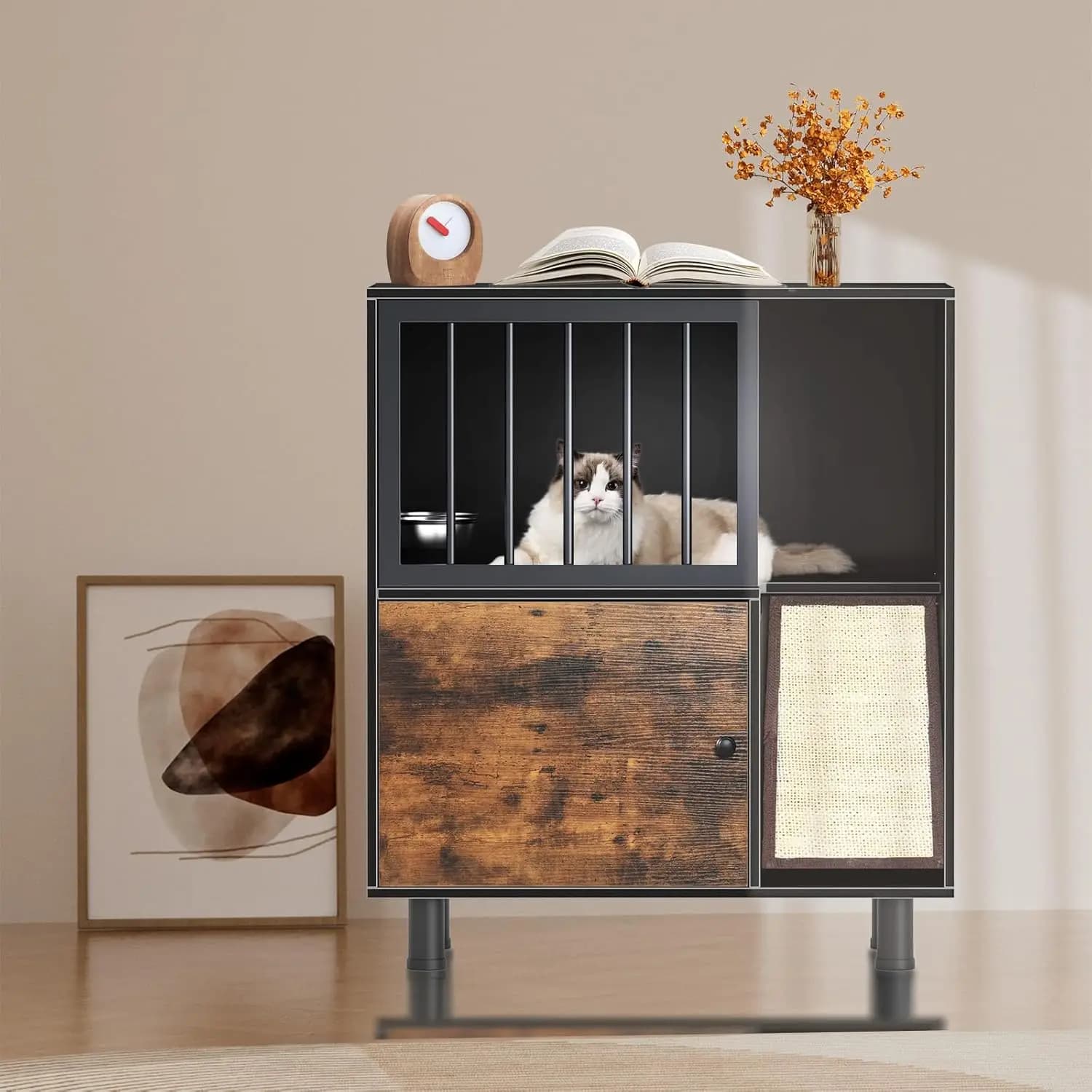 Stazione di Alimentazione per Gatti in Legno Resistente ai Cani con Contenitore e Ciotola Rimovibile, Tavolo da Esterno per Gatti con Tiragraffi, Stile Vintage