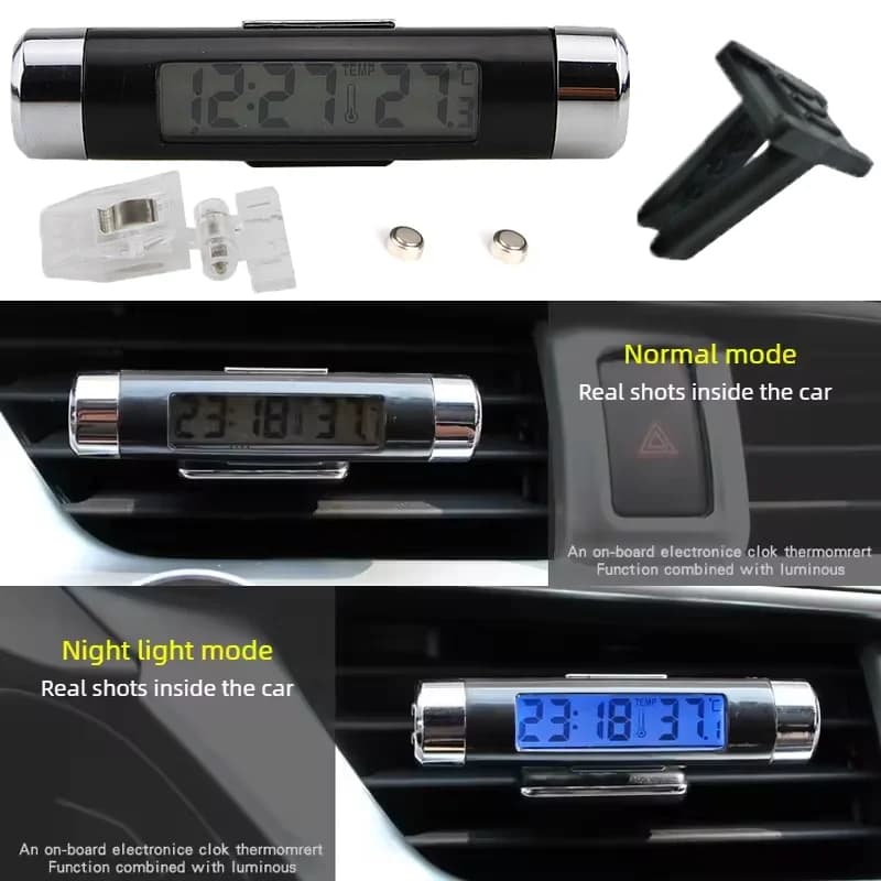 Termometro portatile 2 in 1 per presa d'aria auto/orologio elettronico digitale, display digitale a LED, con retroilluminazione, accessori per auto