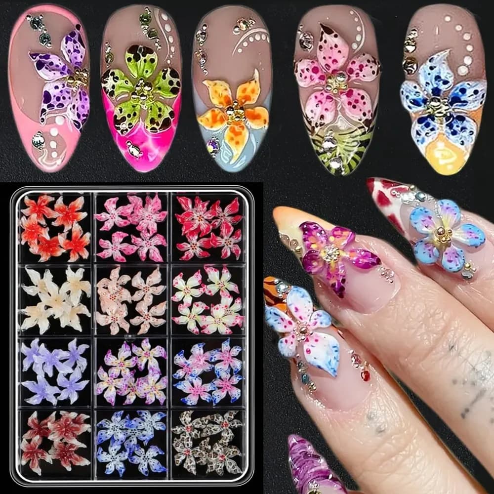 60 pz Misto Fiore Hawaiano Decorazione Del Chiodo 3D Gradiente Fiore di Ciliegio di Cristallo Cinque Petali Stampa Leopardo Fiore di Giglio Pendenti E Ciondoli Per Unghie