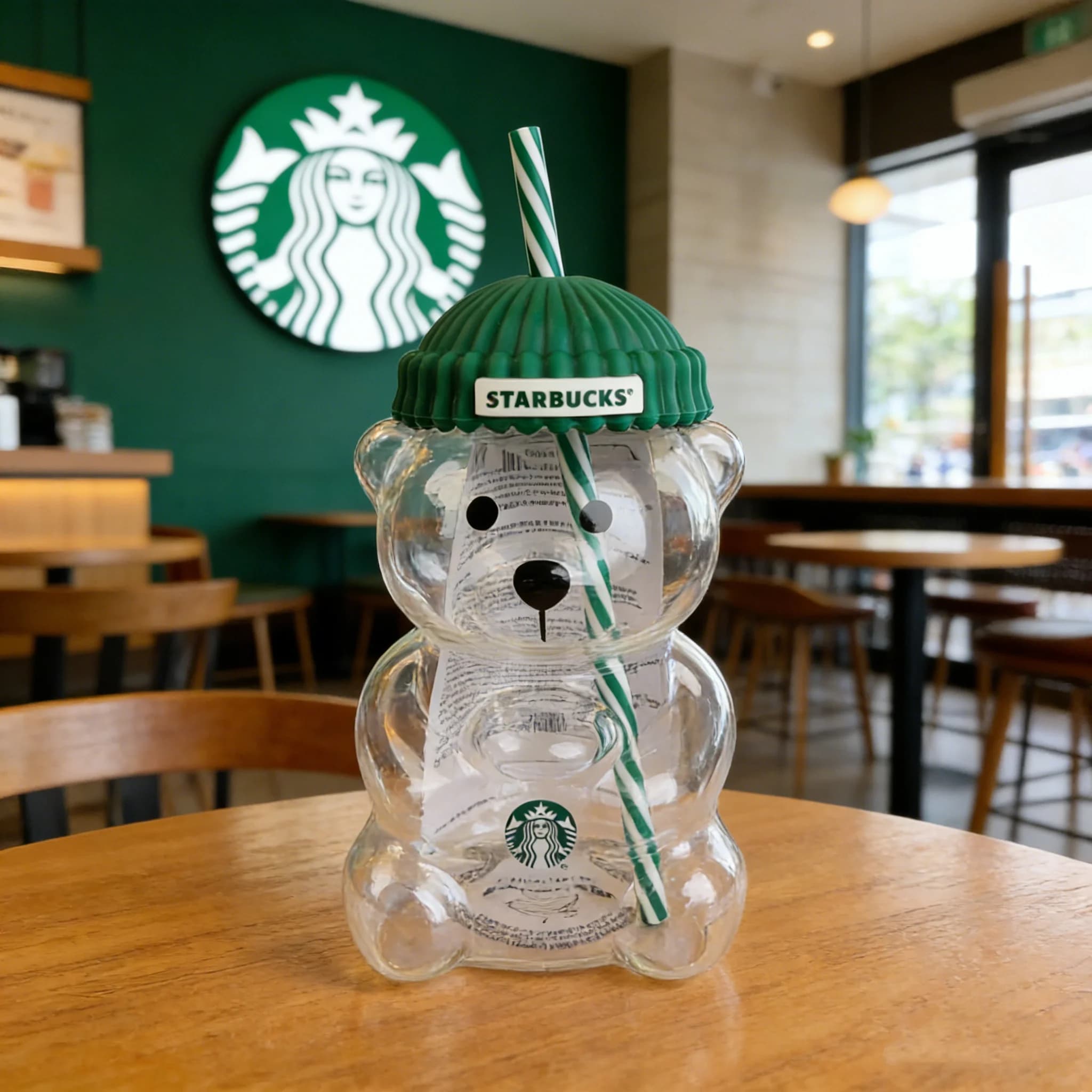 Tazza in Vetro Trasparente Starbucks Bearista Bear 591ml con Coperchio Verde e Cannuccia, Bicchiere per Acqua Fredda, Regalo per Caffetteria