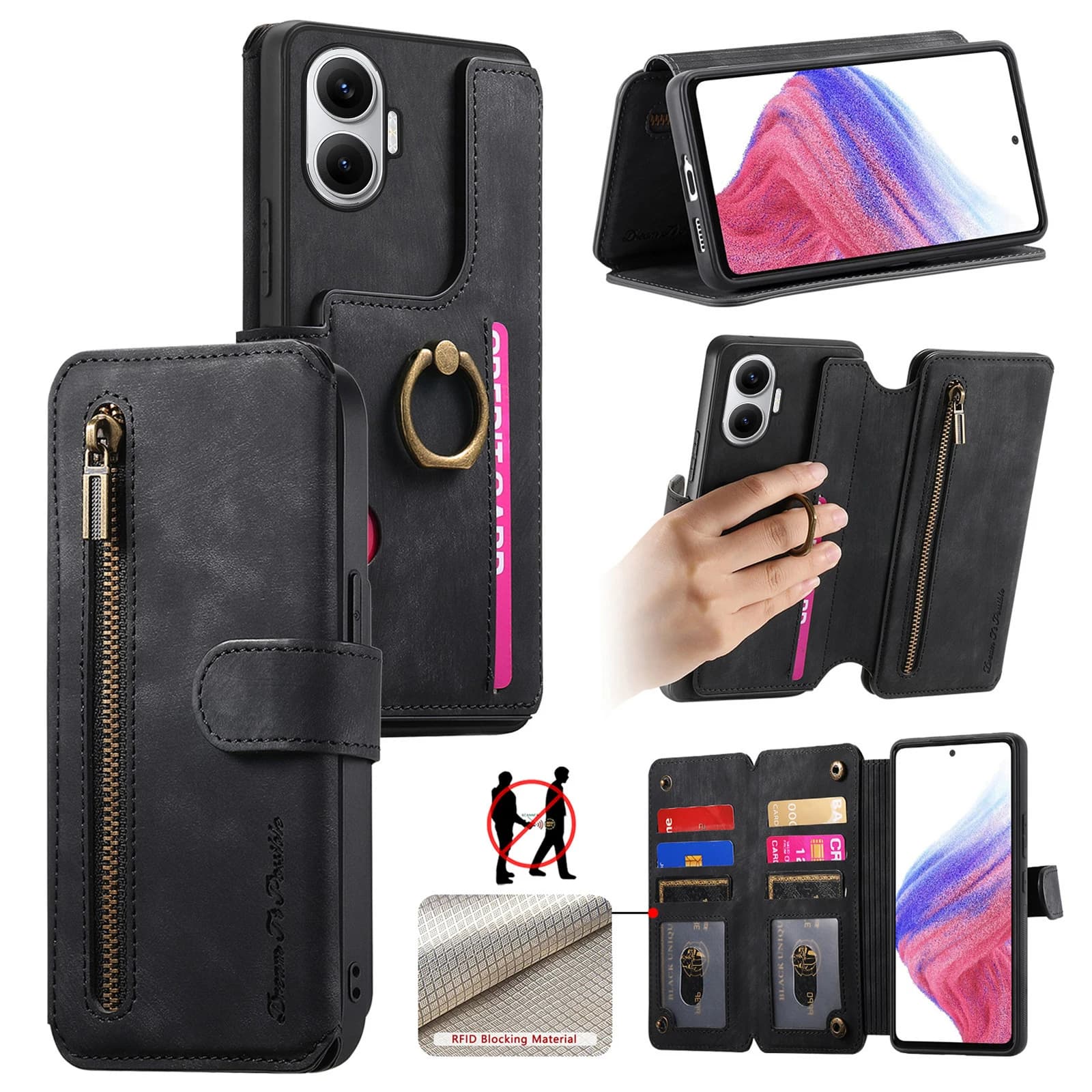 Per Xiaomi Redmi Turbo 4 Pro 5G Cover posteriore in pelle per telefono con cavalletto per portafoglio con cerniera con blocco RFID - Nero