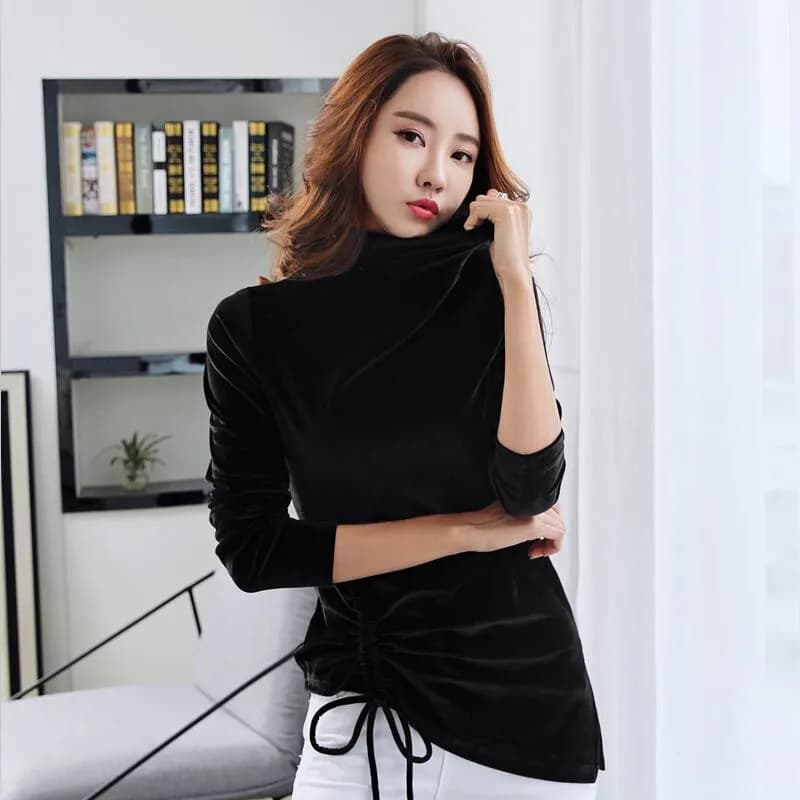 Elegante Maglietta in Velluto con Coulisse da Donna 2026 Autunno Inverno Collo Alto Maniche Lunghe Slim Fit Camicie da Donna Camisetas Mujer Elegantes