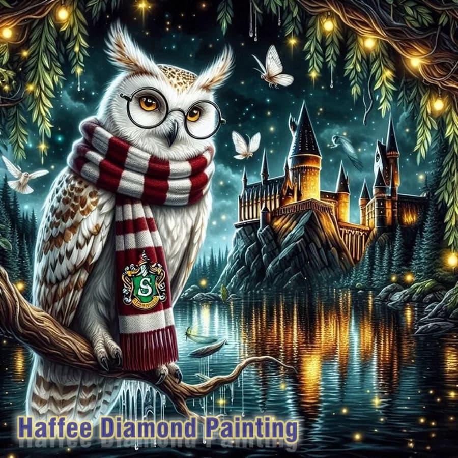 Gufo magico e castello lago paesaggio diamante mosiac pittura arte fai da te 5d trapani completi punto croce ricamo decorazioni per la casa