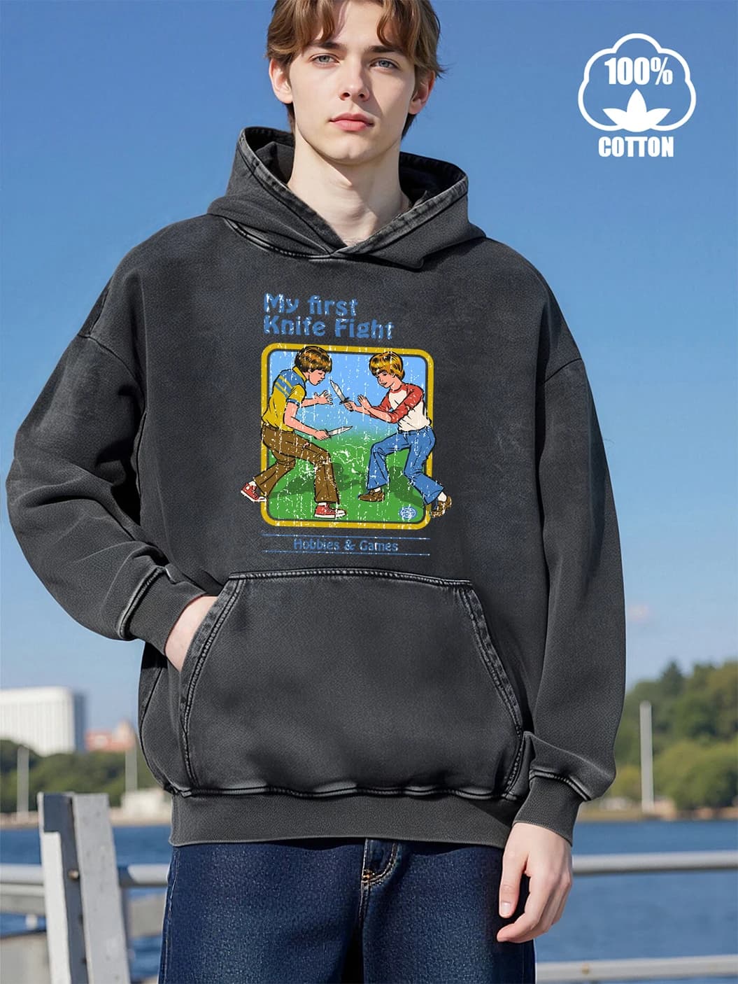 My First Knife Fight Print Fashion Washed Hoodie Men Comfortable Pocket Sweatshirts All-Match Street Tops Hip Hop Cotton Clothes