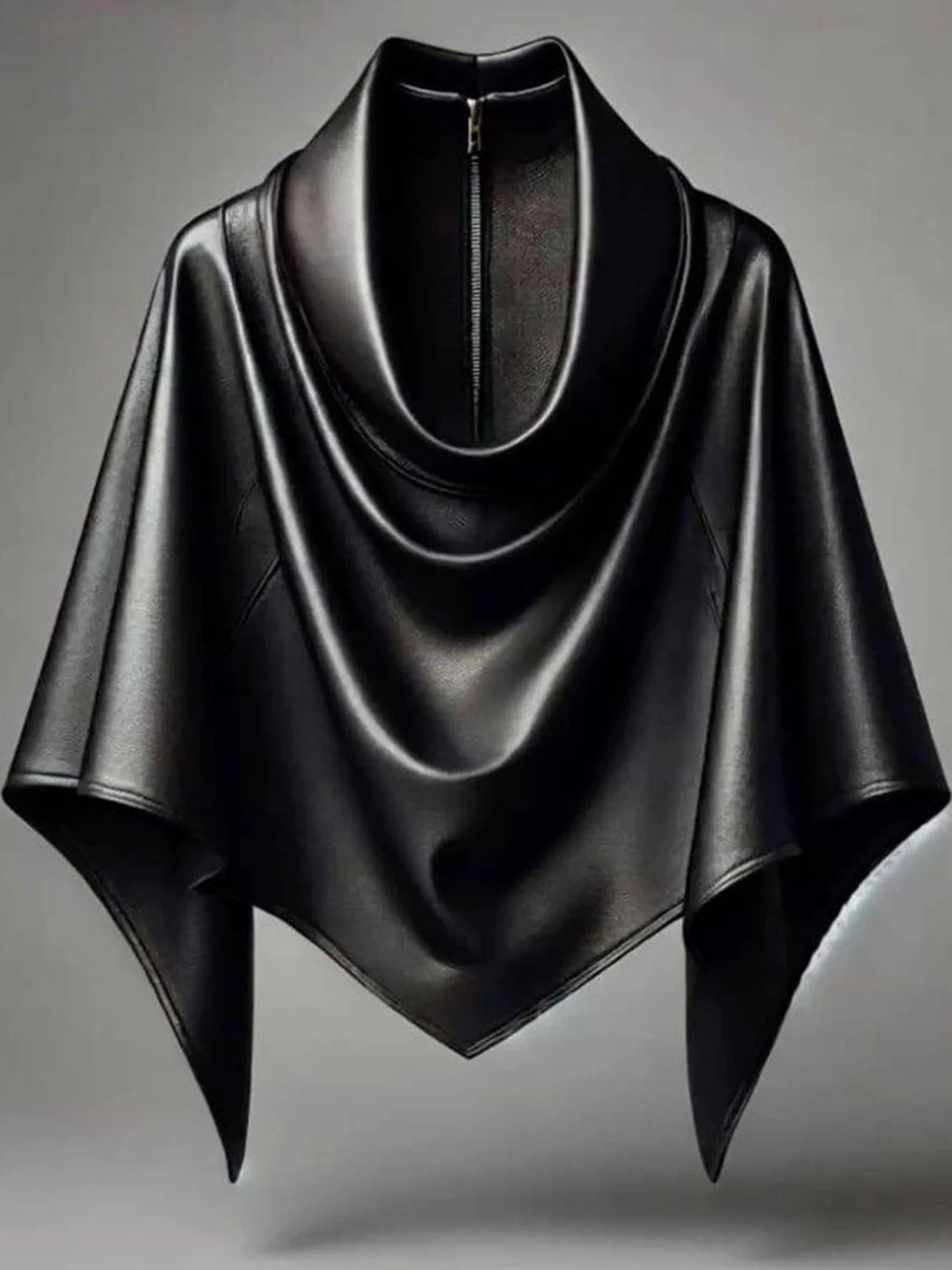 Women Vintage PU Solid Tops 2026 Spring Summer Elegant Zipper Backless Oversize Irregular Hem Cape Cloak Pull Femme Boho Blouse