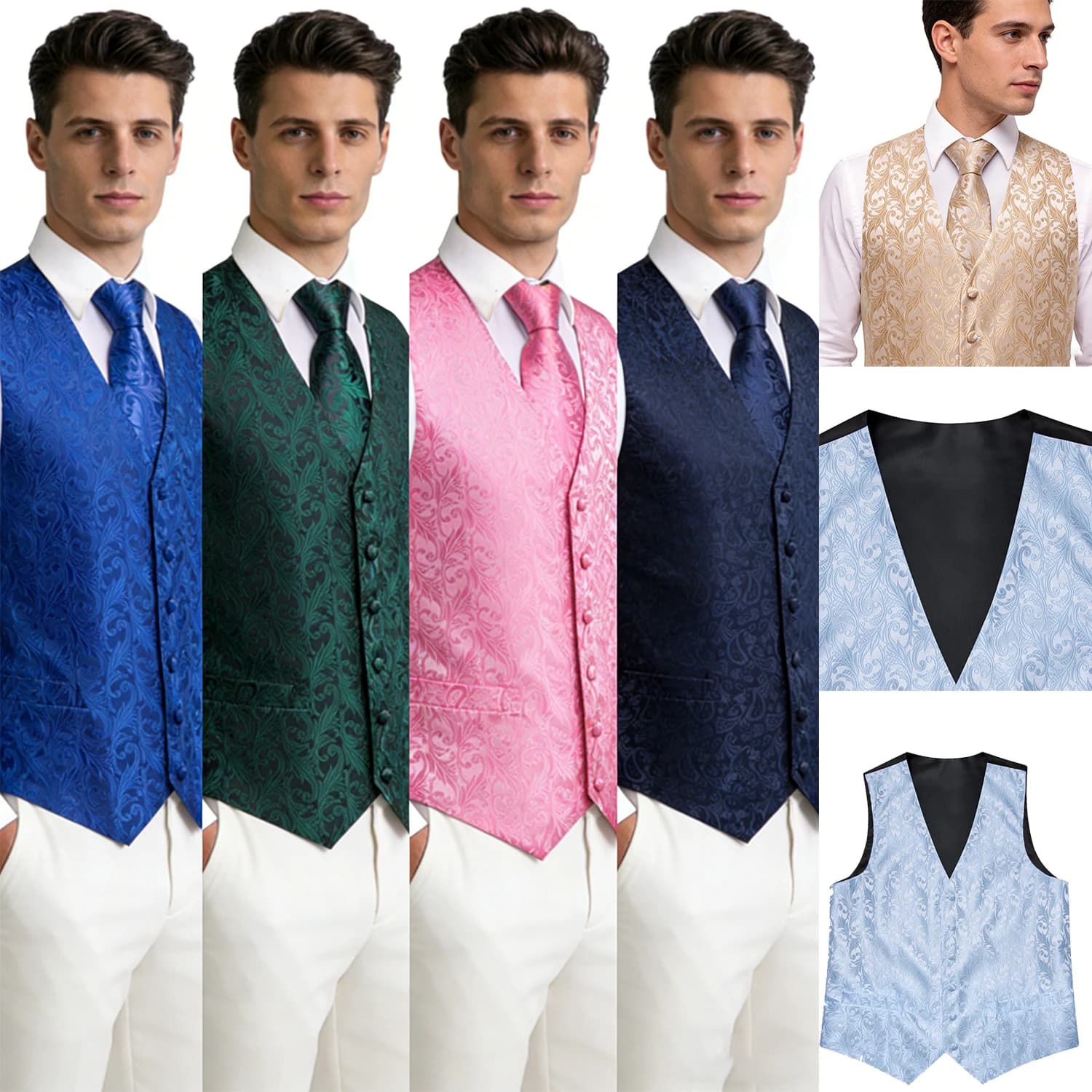 Set Classico da Uomo con Gilet Floreale, Cravatta, Fazzoletto e Gemelli - Gilet per Matrimoni, Eventi, Feste, Regalo