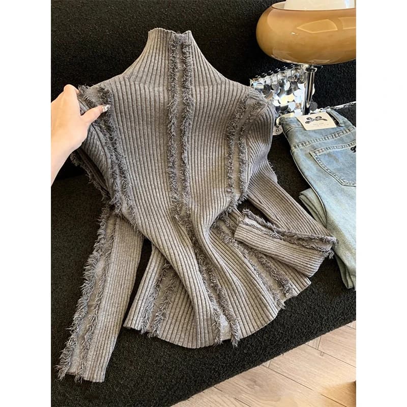 Black Turtleneck Sweater Women Vintage Tassel Patchwork Knitted Pullovers Korean Long Sleeve Knitwear Winter Slim Jumpers