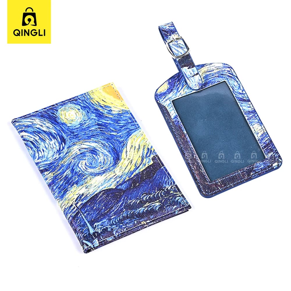 Creative Van Gogh Oil Painting Luggage Tag Passport Cover Suite Travel Essentials Starry Night Luggage Label Passport Holder Set