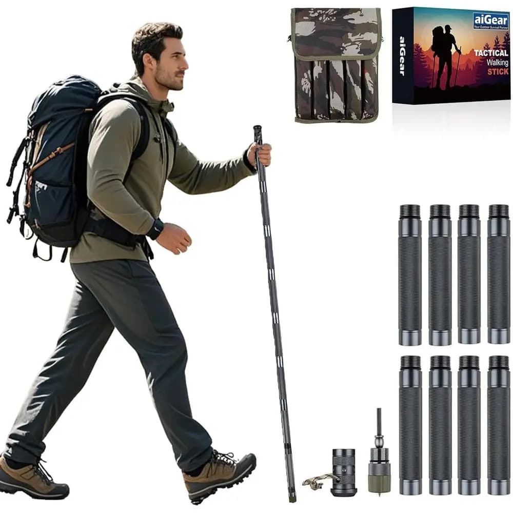 Bastone da Trekking Tattico 7-in-1 per Sopravvivenza ed Escursionismo, Bastoni Regolabili, Autodifesa all'Aperto, da 1,45m a 1,93m