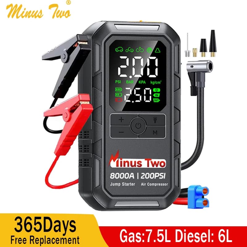 Avviatore di Emergenza con Compressore d'Aria 8000A, Booster Portatile per Batteria Auto (7.5 Benzina/6L Diesel) con Gonfiatore Pneumatici 160PSI con Spegnimento Automatico