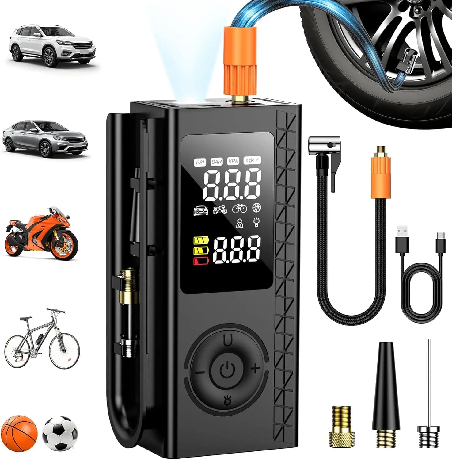 Portable pneumatic inflatable pump 150 PSI wireless air pump with digital indicator, LED light, automatic shutdown – Auto tyres, bike, motorcycle and bal
