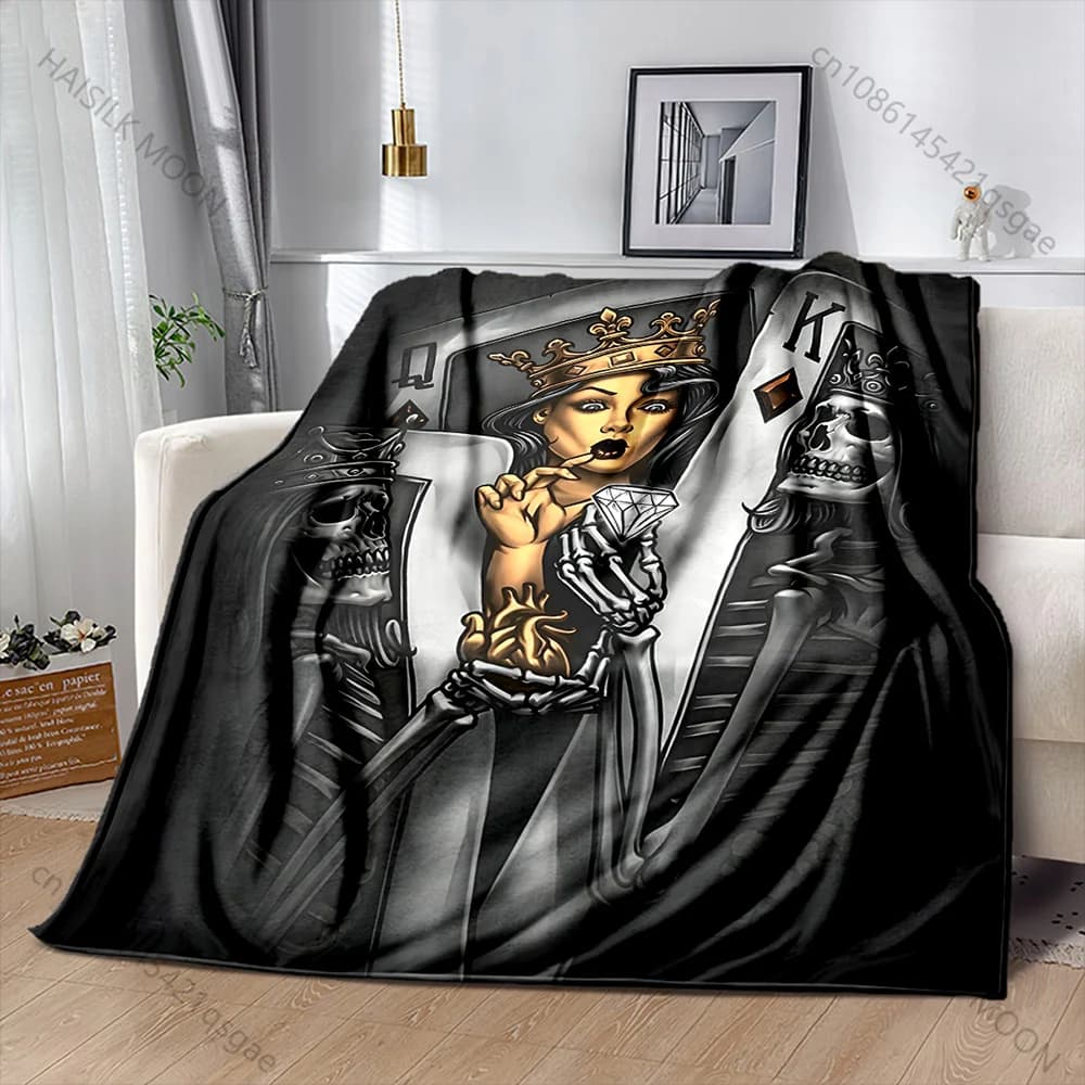 Coperta con stampa di carte dei Re e della Regina dello Scheletro, disponibile in diverse misure, calda e morbida, per bambini e adulti, regali di lusso, per casa, divano, viaggi, campeggio