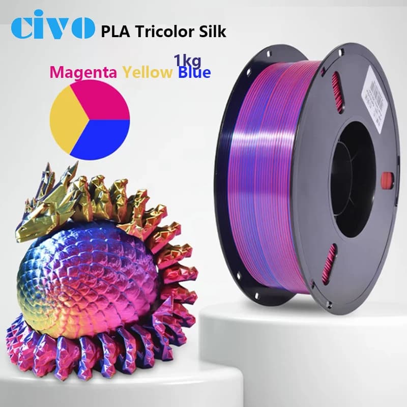 Filamento per Stampante 3D in PLA Seta Tricolore, 1.75mm Multicolore, Filamento per Stampa 3D, Magenta&Blu&Giallo, 1kg