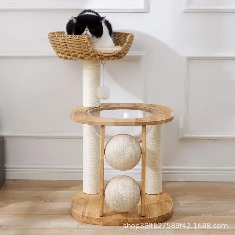 Struttura per arrampicata su gatti in legno massello, nido per gatti, integrazione dell'albero per gatti, capsula spaziale cilindrica in sisal giapponese