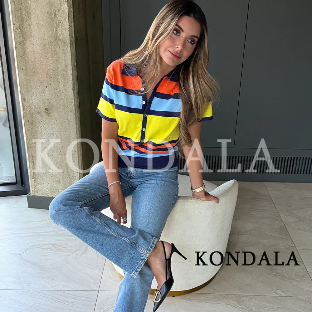Women's Leisure Stylish Colorful Striped Knitted Polo Shirt KONDALA 2026 Summer Trendy Holiday Tops Pullover Short Sleeve Tops