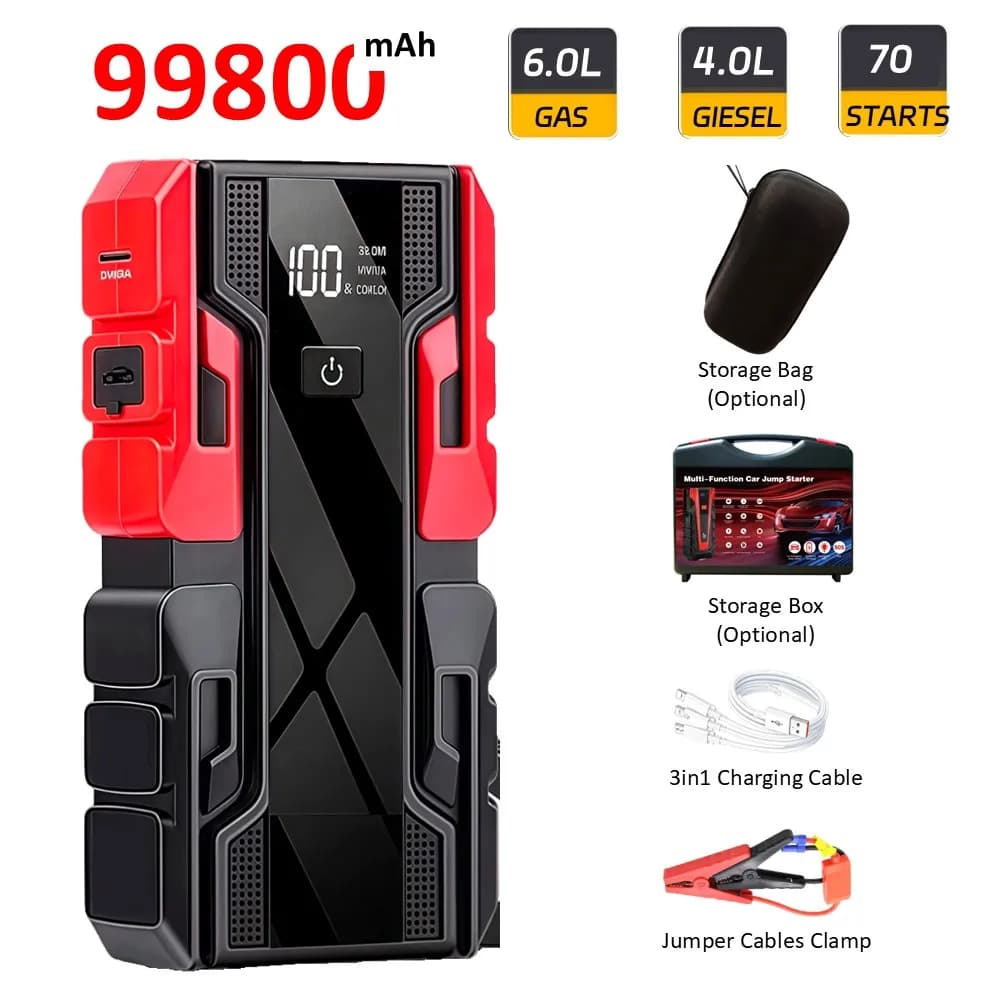 Avviatore di Emergenza per Auto 12V 3000A, Avviatore Portatile per Batteria Auto con Cavi di Avviamento, Power Bank da 99800mAh con 3 Torce
