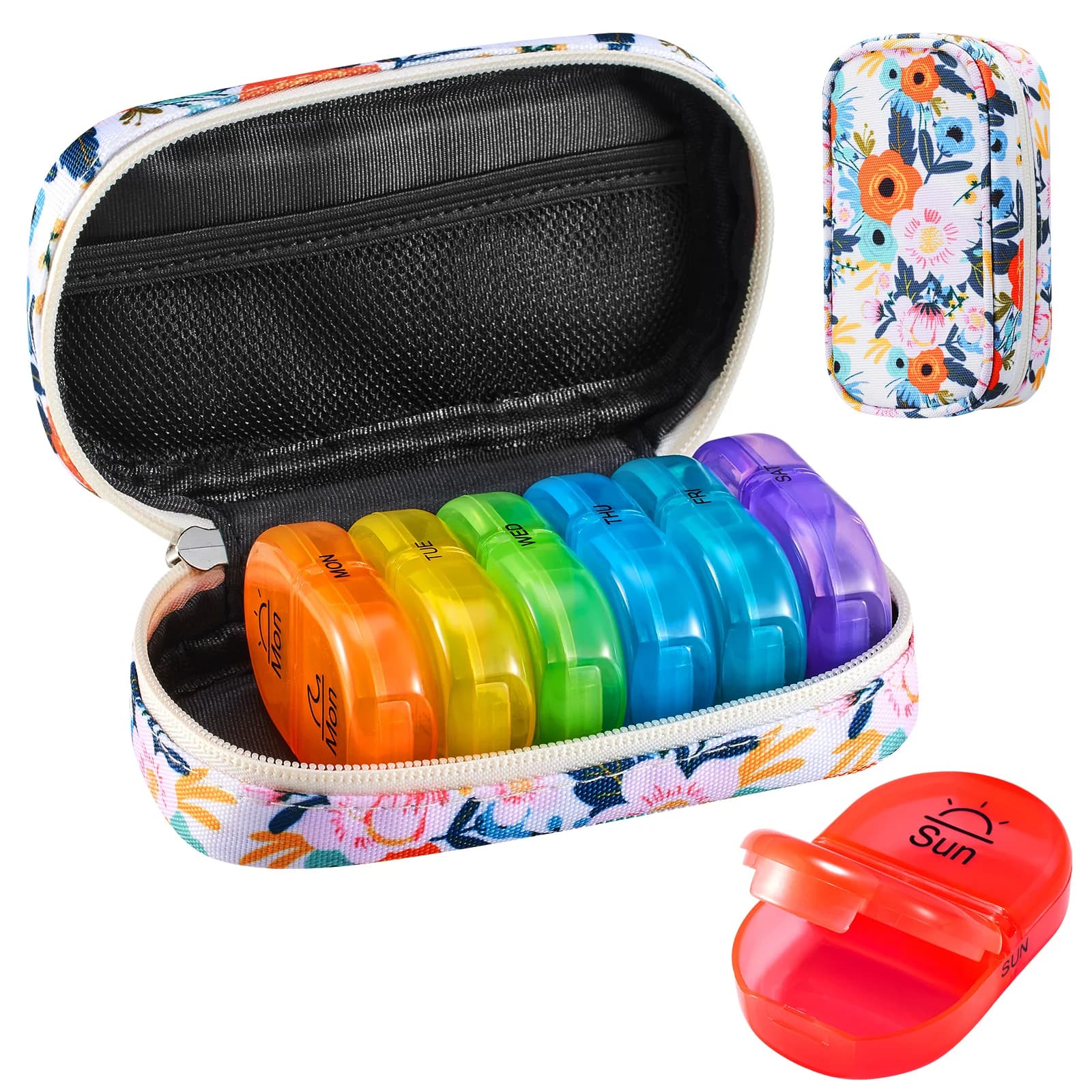 Organizer per pillole da 7 giorni in tela con custodia con cerniera - Design arcobaleno | Astuccio portatile per vitamine e integratori | Essenziali per il Viaggio
