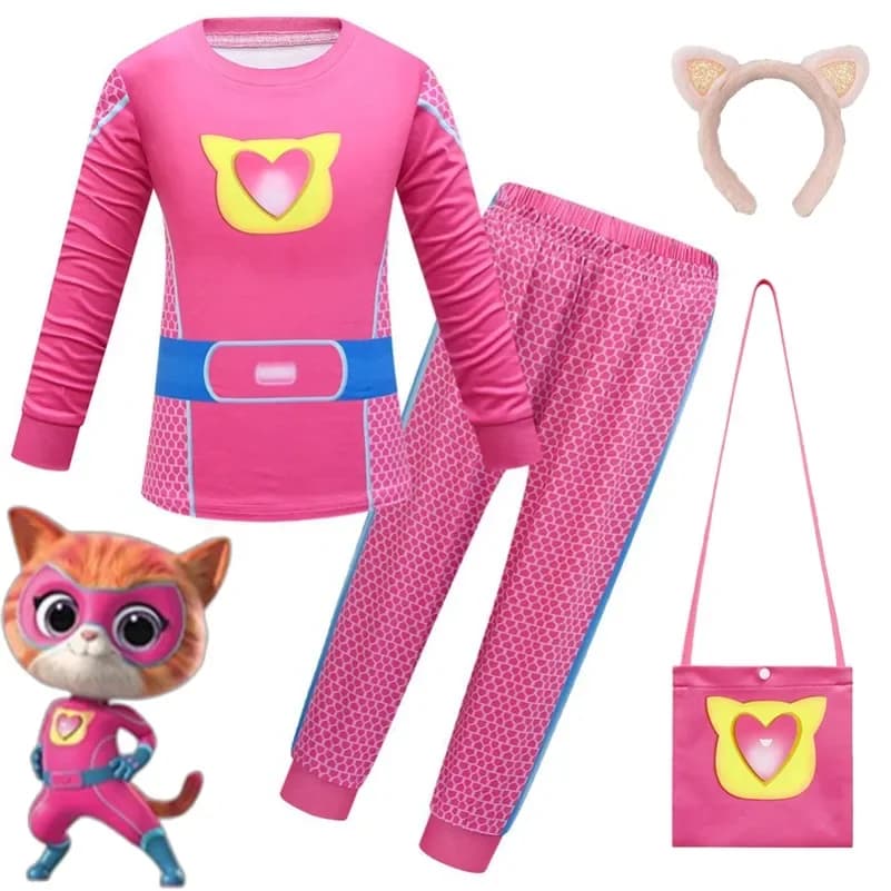 Bambini SuperKitties Halloween Cartoon Ragazzi Costume Cosplay Super Kitties Buddy Girls Cos Abiti Maschera Borsa Abbigliamento compleanno per bambini