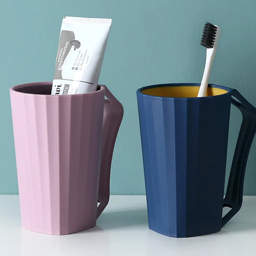 2 Pezzi Bicchieri con Manico per Spazzolatura, Piccoli e Leggeri, Porta Dentifricio da Viaggio, Tazza per Spazzolatura, Blu Scuro e Rosa Polvere