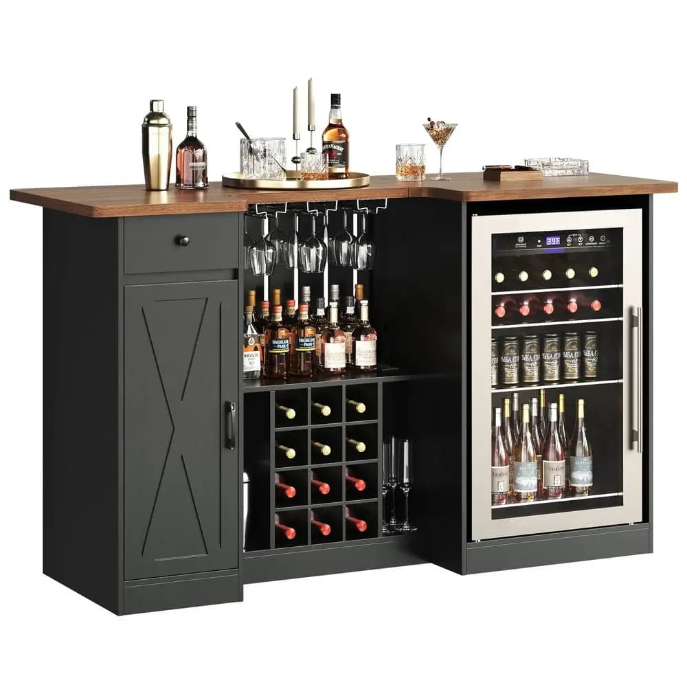 Mobile Bar a U con Spazio Frigorifero, Tavolo Bar con Portabottiglie e Portabicchieri, Mobile Bar con Vano Portaoggetti, Mobile Bar per Casa