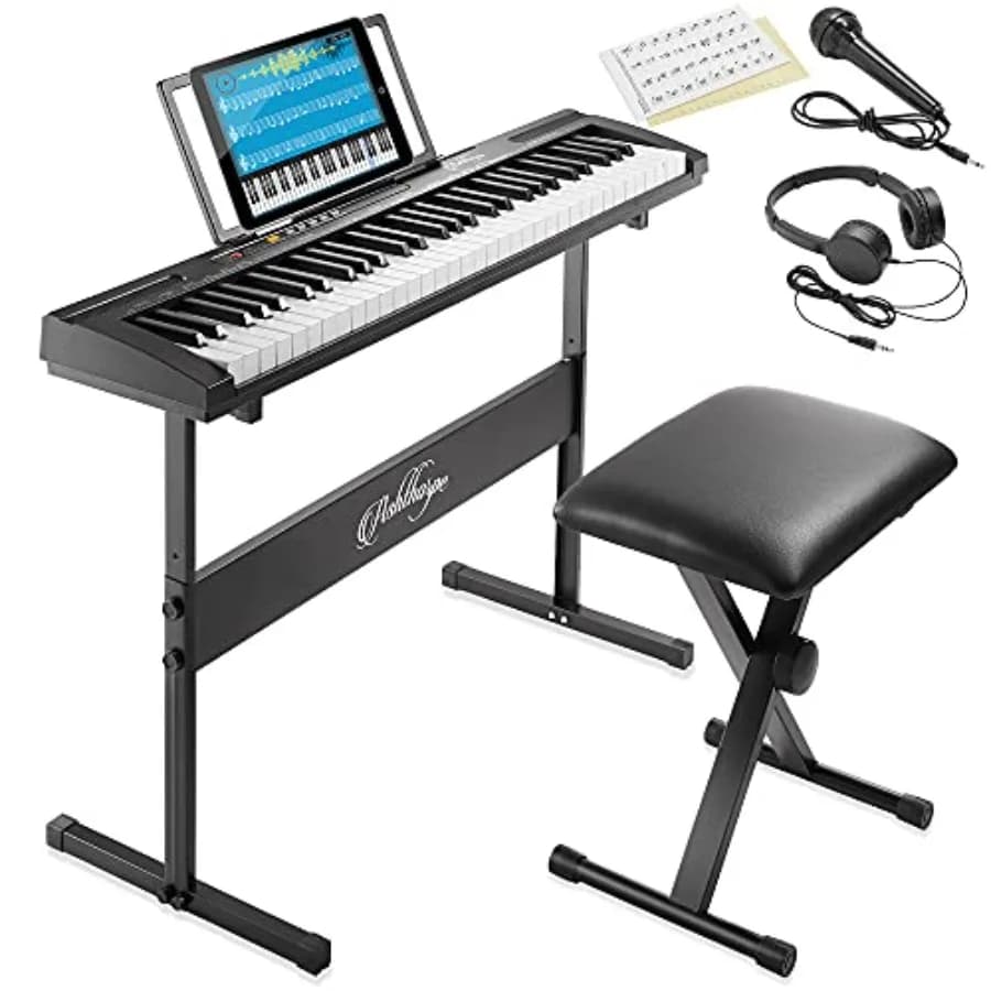 61-Key Electronic Keyboard Piano for Beginners: ABS Plastic, Black, Portable Design with Stand, Bench, Headphones, Microphone,
